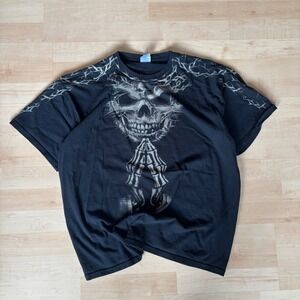 Gildan Heavy Cotton Black Praying Skeleton Skull Graphic T Shirt Mens XL